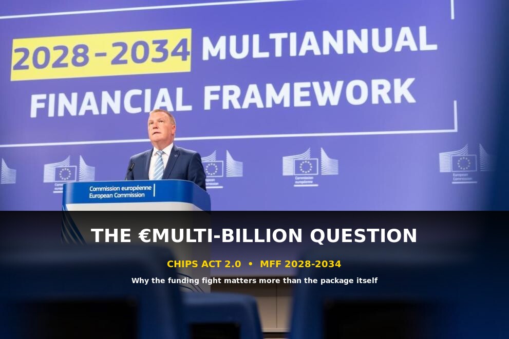 European Commission press conference with banner reading 2028-2034 Multiannual Financial Framework, Brussels