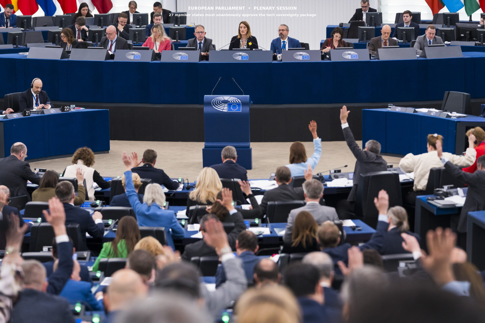 European Parliament plenary session in Brussels, MEPs seated, blue tones