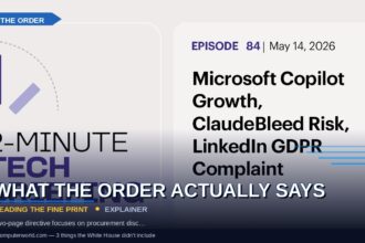 theday7 edited inline: two-card tech graphic with a WHAT THE ORDER ACTUALLY SAYS lower-third, designed to be embedded inside an explainer article