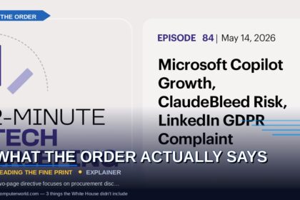 theday7 edited inline: two-card tech graphic with a WHAT THE ORDER ACTUALLY SAYS lower-third, designed to be embedded inside an explainer article